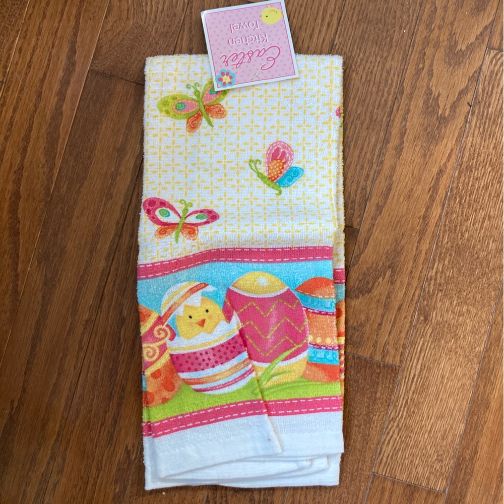 Colorful Easter Towel with Eggs and Butterflies with matching Pot Holder